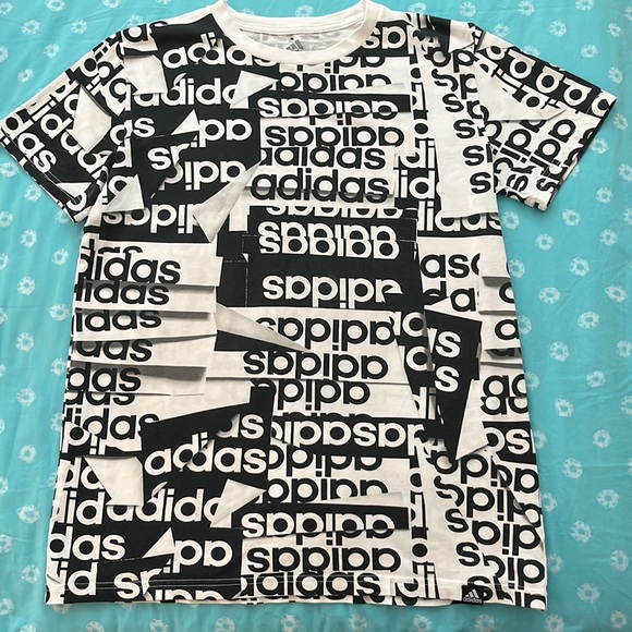 adidas Logo ALL OVER Black and White Print Tee Shirt - Picture 1 of 13